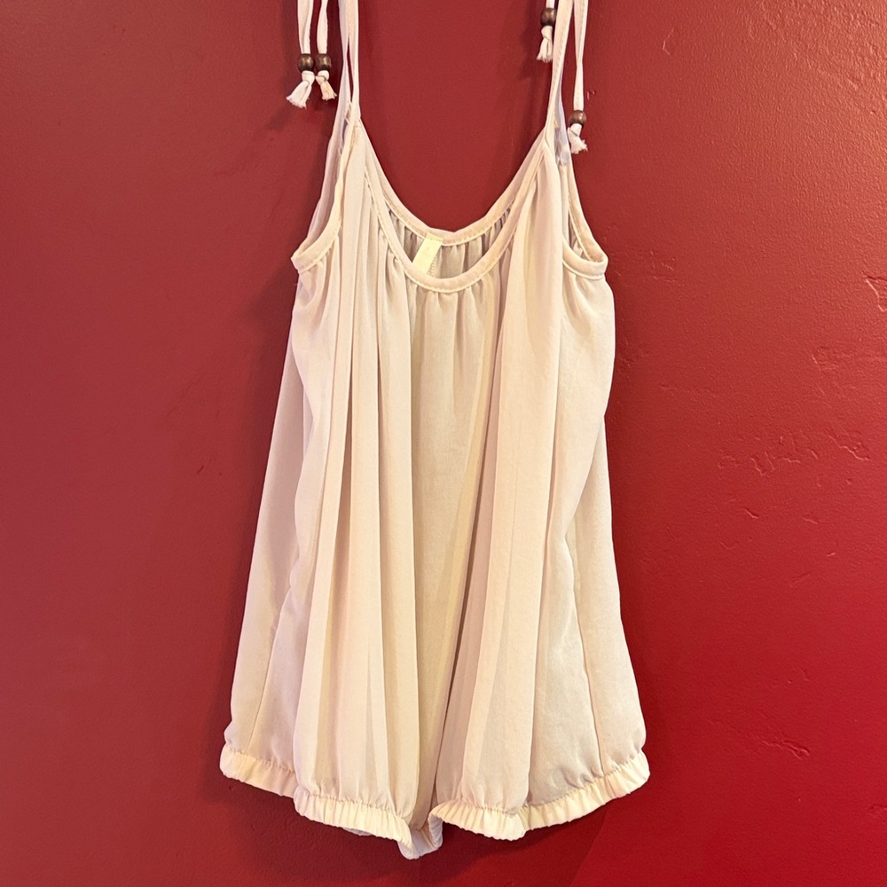 Mind Code Soft Beige Pink Pleated Sheet Blouse with Wood Bead String Straps